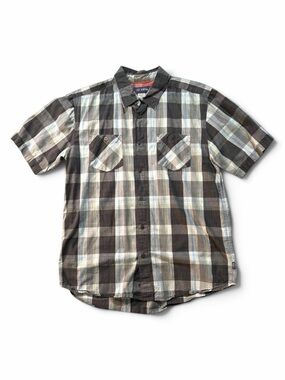 Cova Shirt Large Gray Checked Plaid Button Front Short Sleeve 100% Cotton
